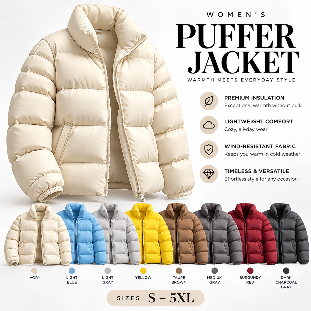 Stand Collar Puffer Jacket, Lightweight Windproof Winter Warm Quilted Coat, S-5XL, 8 Colors