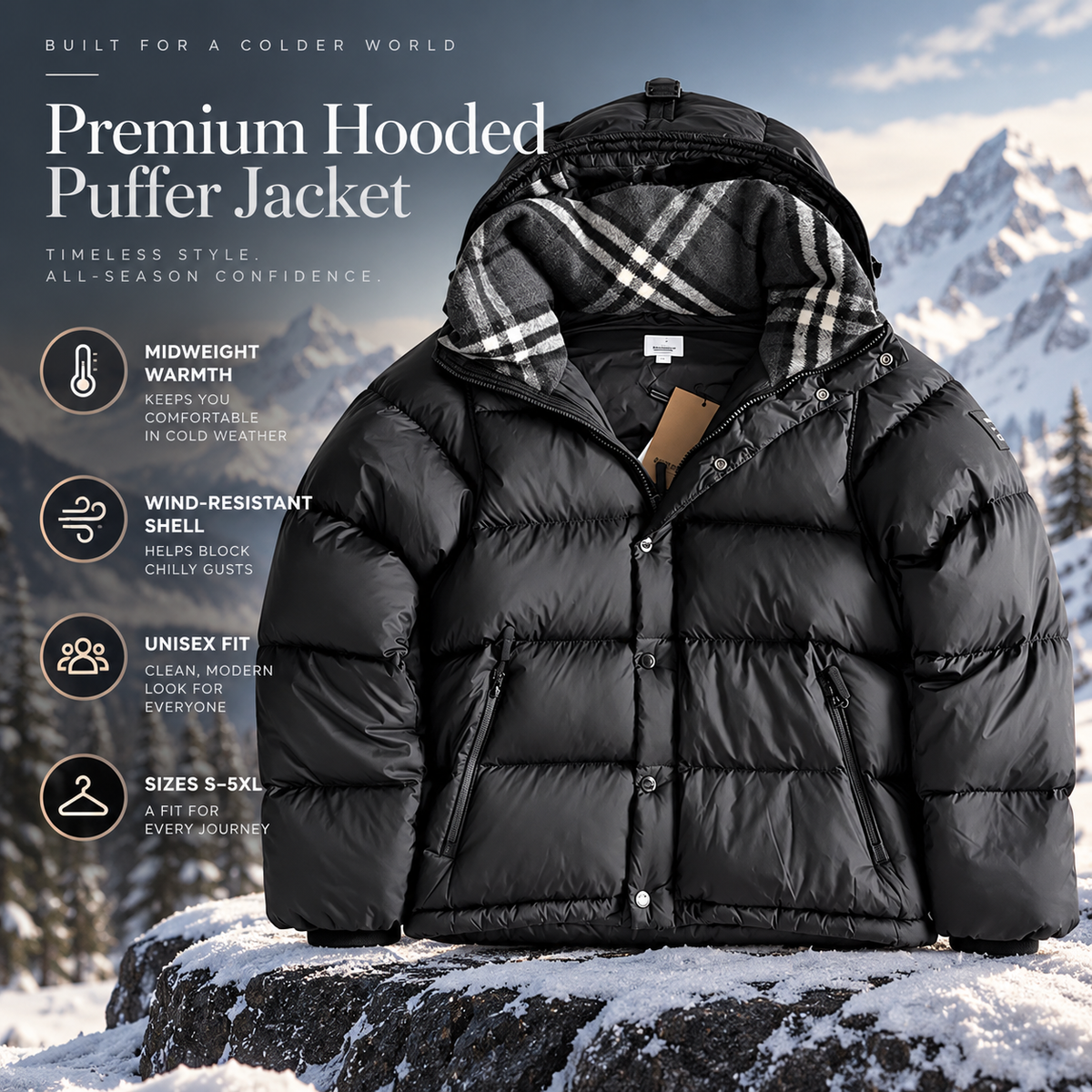 Premium Unisex Hooded Puffer Jacket – Winter Warmth, Wind-Resistant Outerwear, Men's & Women's Sizes S–5XL