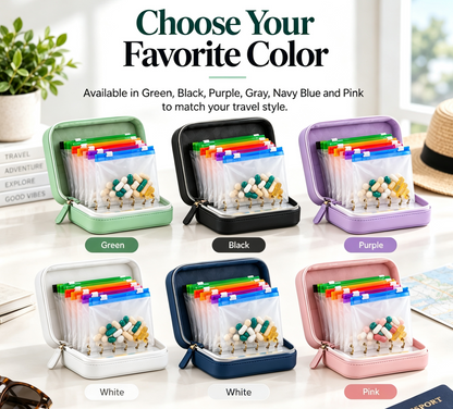 Travel Pill Organizer Case with 14 Reusable Color-Coded Pouches