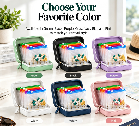 Travel Pill Organizer Case with 14 Reusable Color-Coded Pouches
