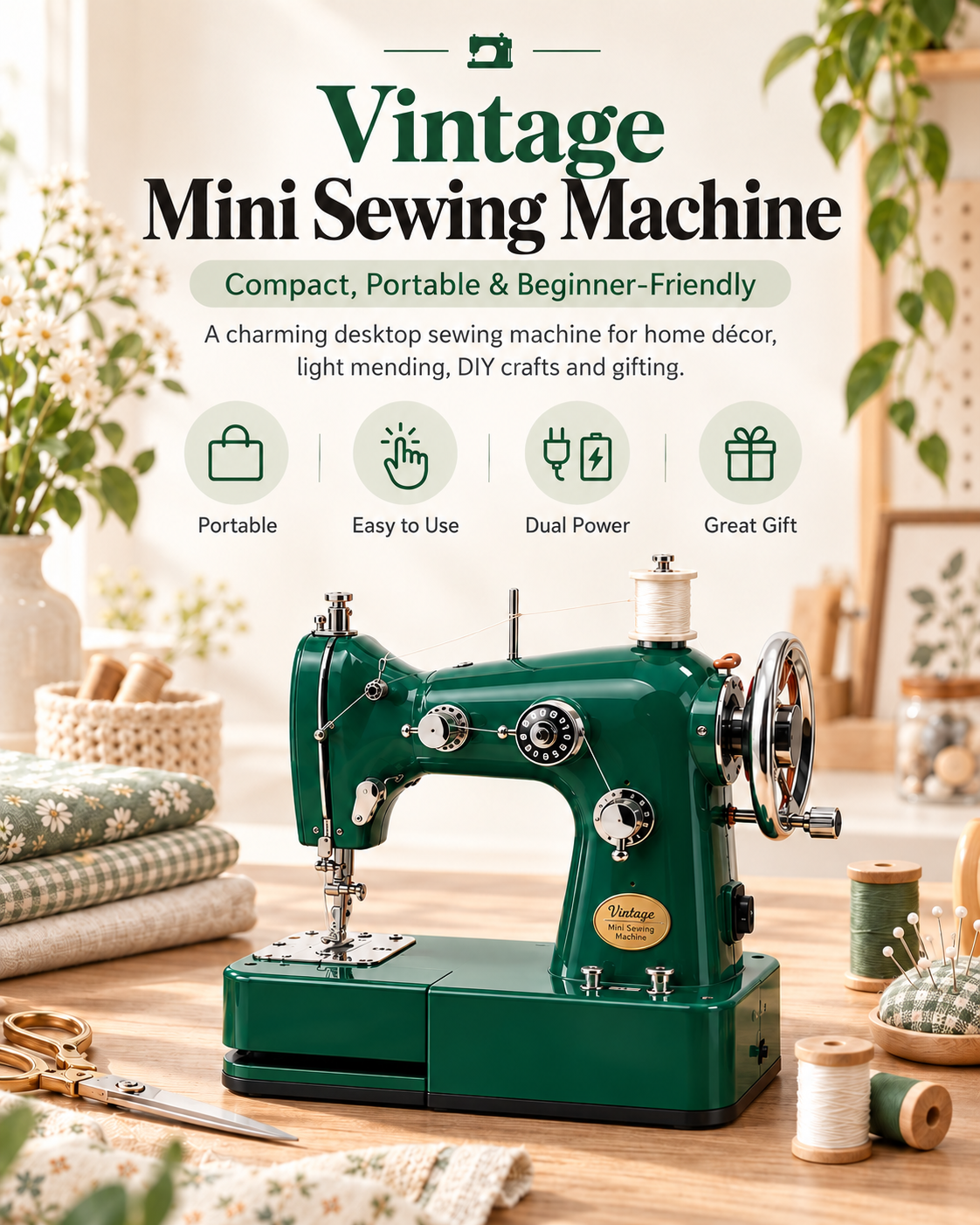 Vintage Mini Sewing Machine, Portable Retro Desktop Sewing Machine, Dual Power Handheld Sewing Kit