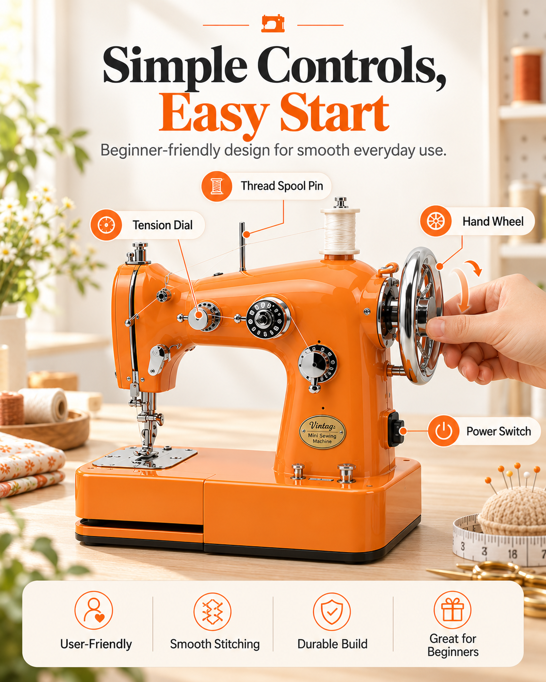 Vintage Mini Sewing Machine, Portable Retro Desktop Sewing Machine, Dual Power Handheld Sewing Kit