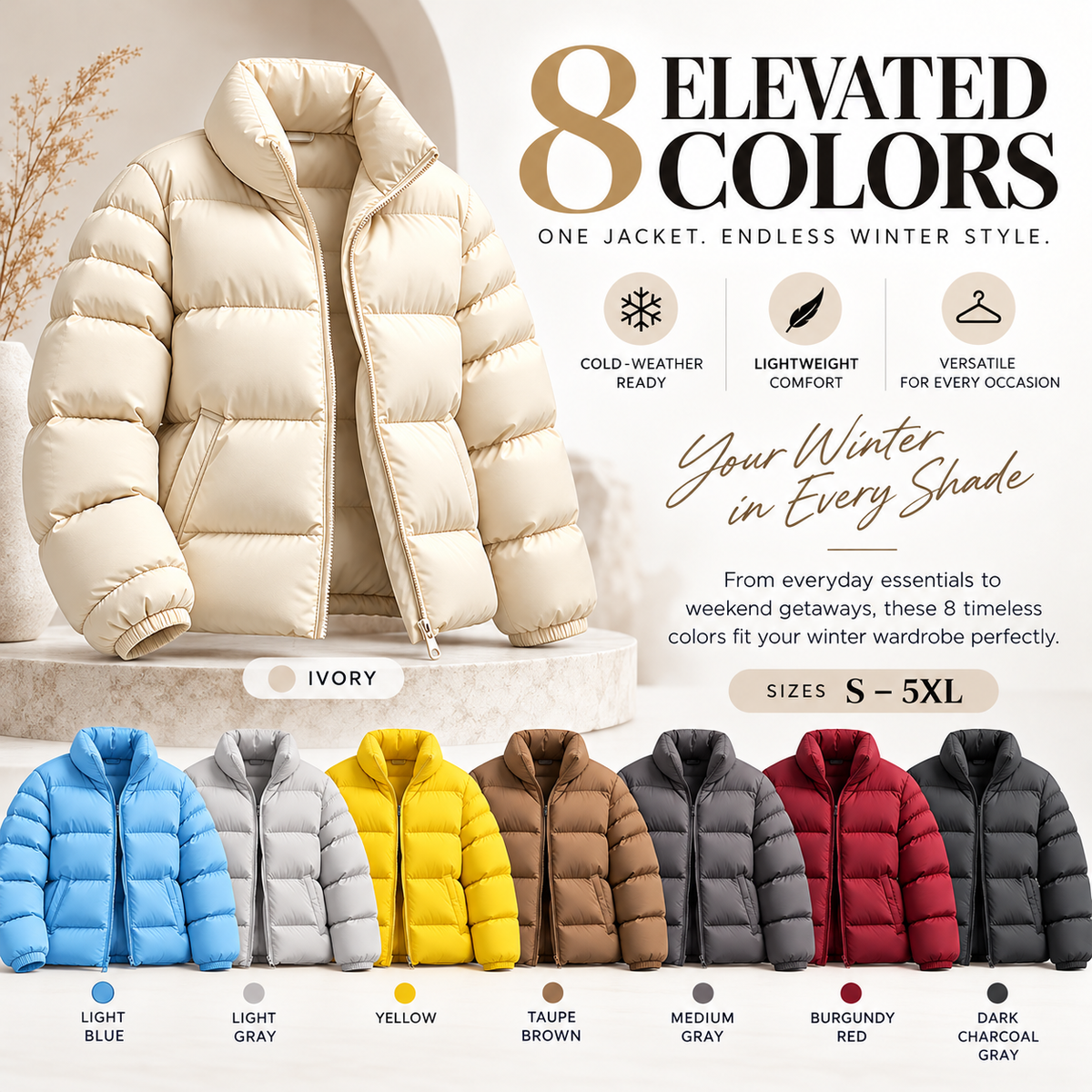 Stand Collar Puffer Jacket, Lightweight Windproof Winter Warm Quilted Coat, S-5XL, 8 Colors