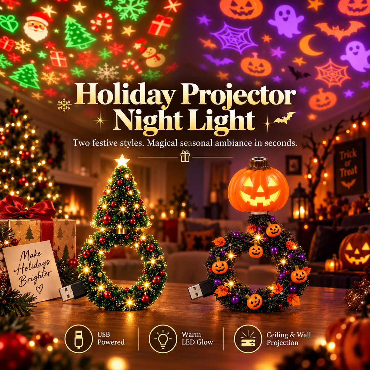 Christmas & Halloween Holiday Projector Night Light Set, USB LED Wreath Projection Lamps, Ceiling Wall Festive Decor