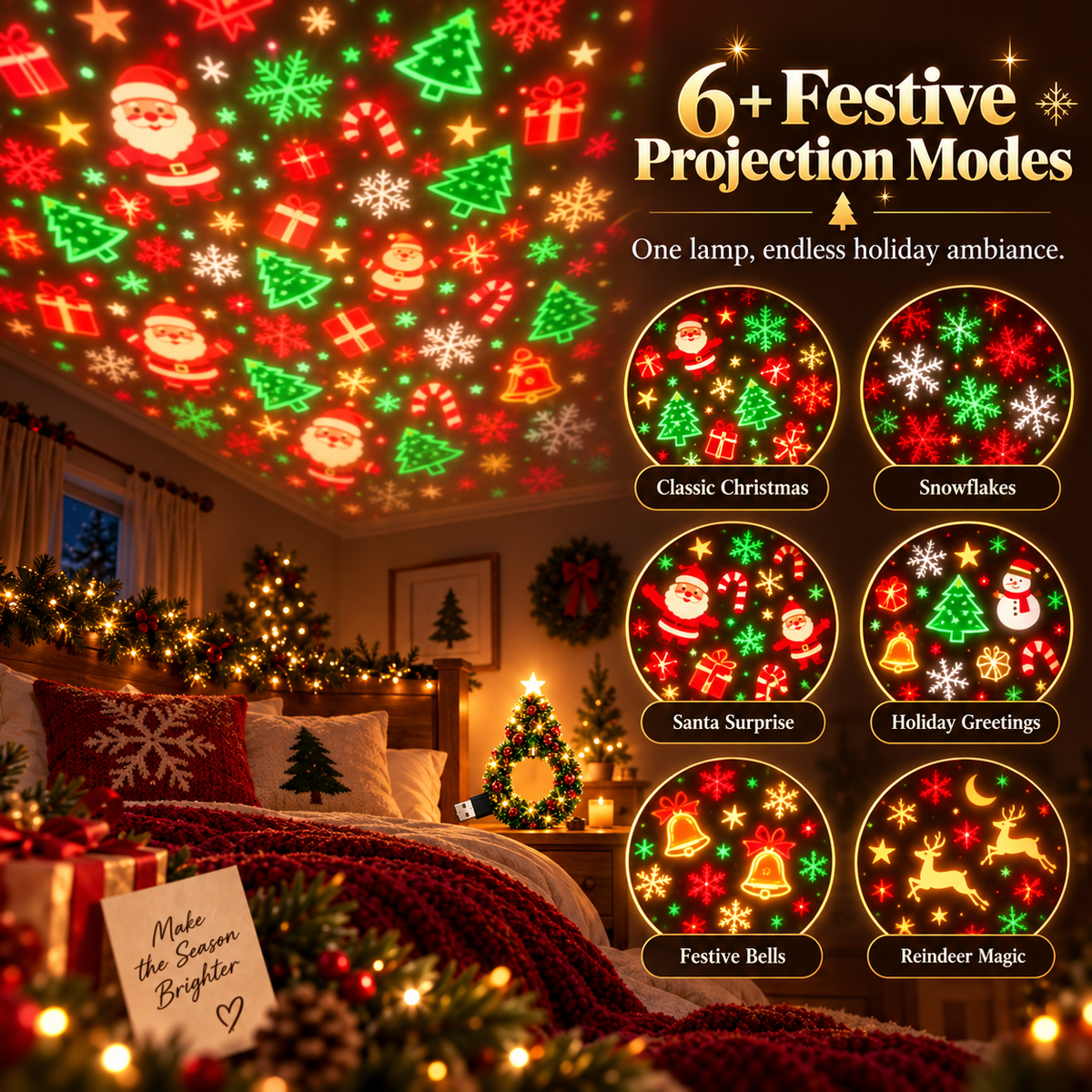 Christmas & Halloween Holiday Projector Night Light Set, USB LED Wreath Projection Lamps, Ceiling Wall Festive Decor