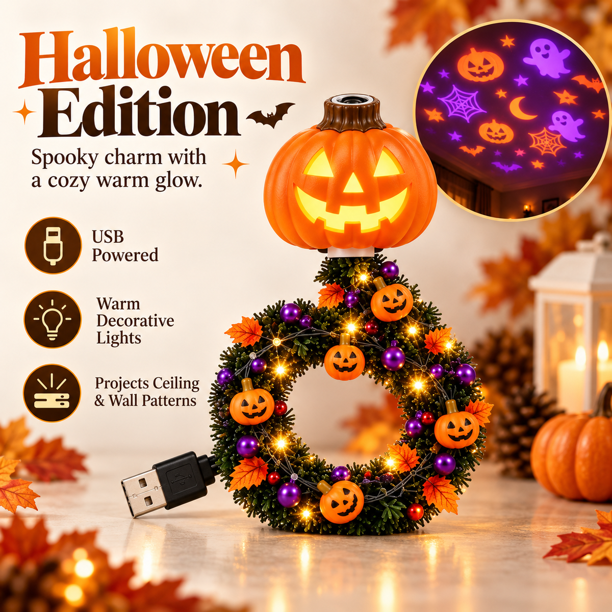 Christmas & Halloween Holiday Projector Night Light Set, USB LED Wreath Projection Lamps, Ceiling Wall Festive Decor