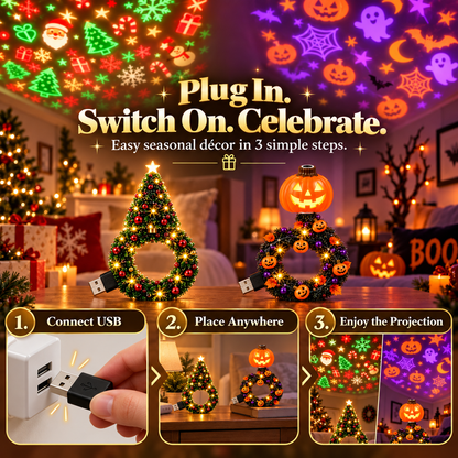 Christmas & Halloween Holiday Projector Night Light Set, USB LED Wreath Projection Lamps, Ceiling Wall Festive Decor