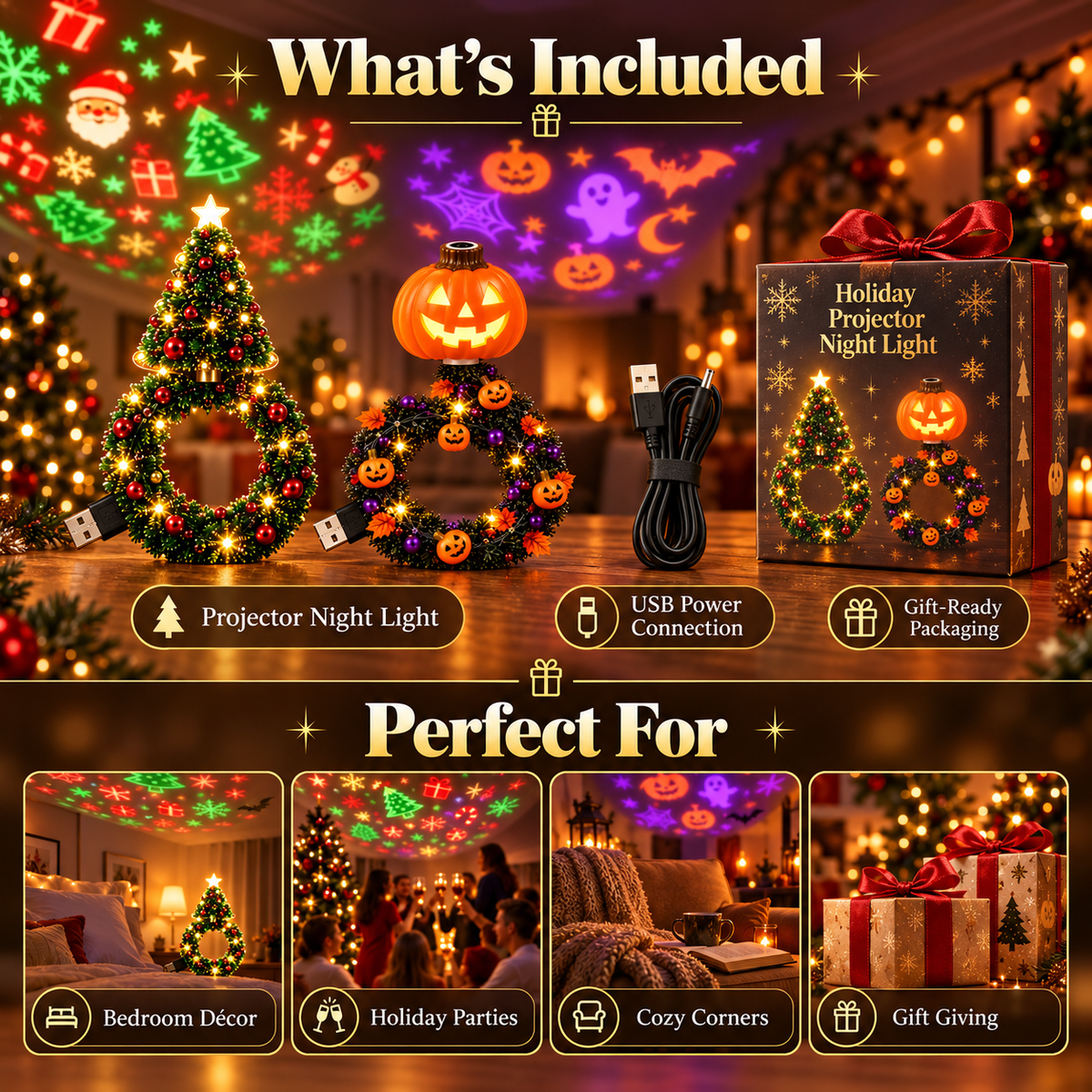 Christmas & Halloween Holiday Projector Night Light Set, USB LED Wreath Projection Lamps, Ceiling Wall Festive Decor