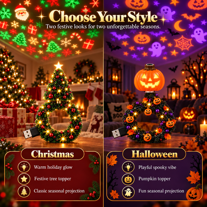 Christmas & Halloween Holiday Projector Night Light Set, USB LED Wreath Projection Lamps, Ceiling Wall Festive Decor