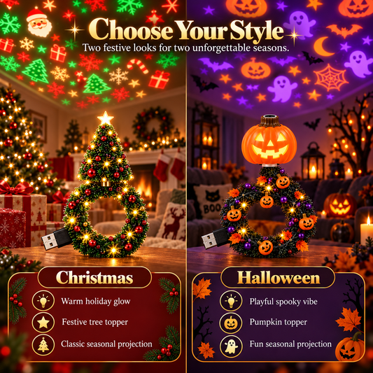 Christmas & Halloween Holiday Projector Night Light Set, USB LED Wreath Projection Lamps, Ceiling Wall Festive Decor
