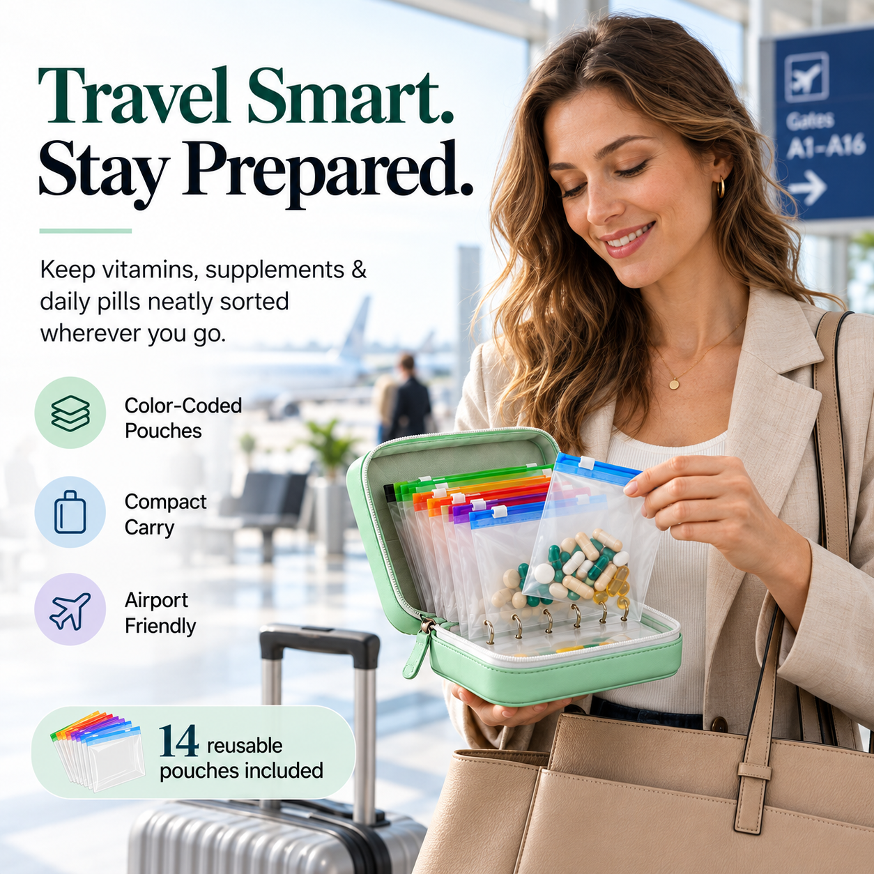 Travel Pill Organizer Case with 14 Reusable Color-Coded Pouches