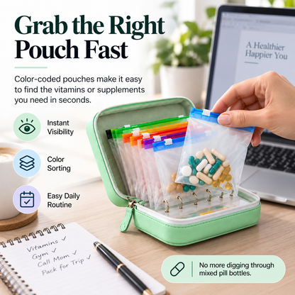 Travel Pill Organizer Case with 14 Reusable Color-Coded Pouches