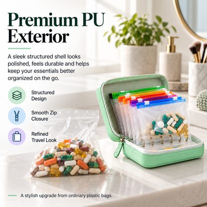 Travel Pill Organizer Case with 14 Reusable Color-Coded Pouches