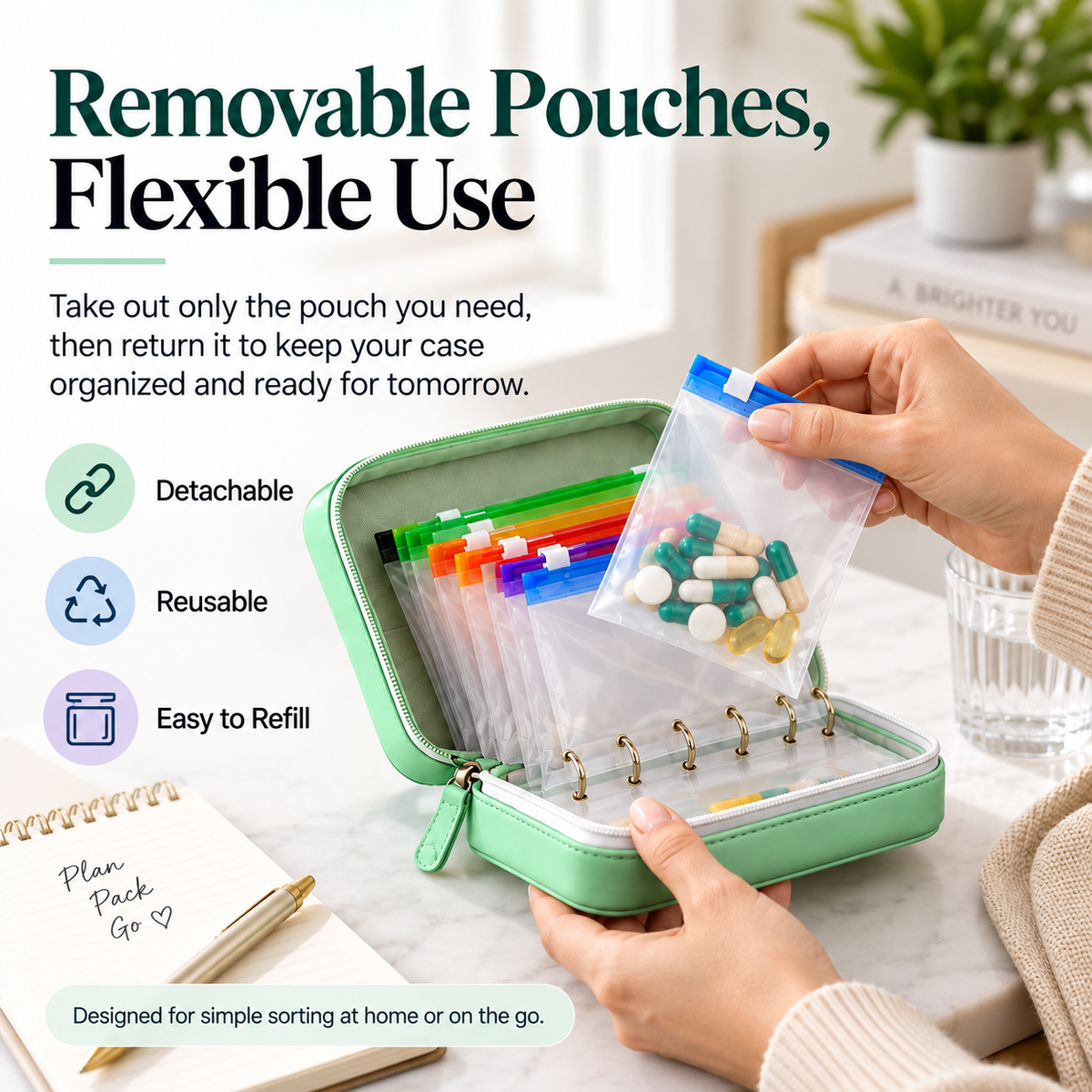 Travel Pill Organizer Case with 14 Reusable Color-Coded Pouches