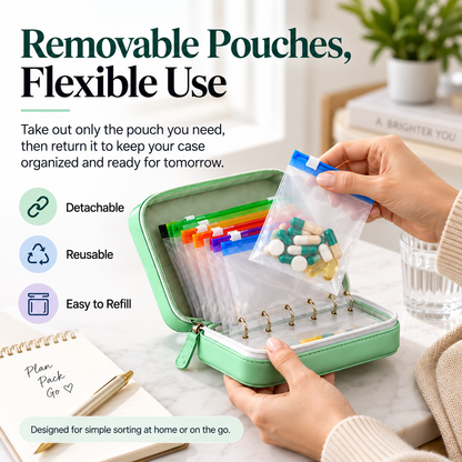 Travel Pill Organizer Case with 14 Reusable Color-Coded Pouches