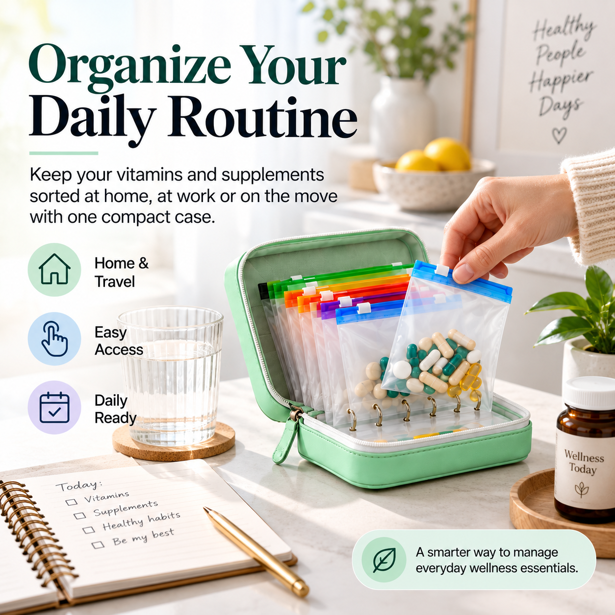 Travel Pill Organizer Case with 14 Reusable Color-Coded Pouches