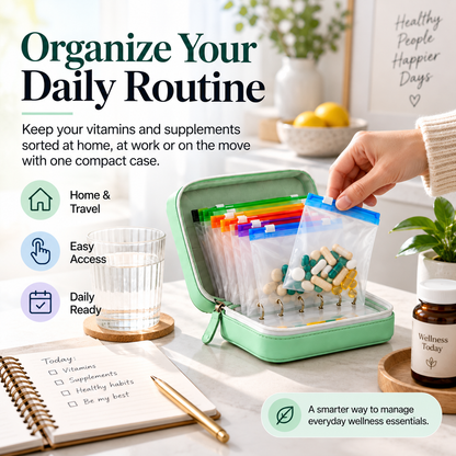 Travel Pill Organizer Case with 14 Reusable Color-Coded Pouches