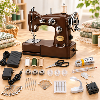 Vintage Mini Sewing Machine, Portable Retro Desktop Sewing Machine, Dual Power Handheld Sewing Kit