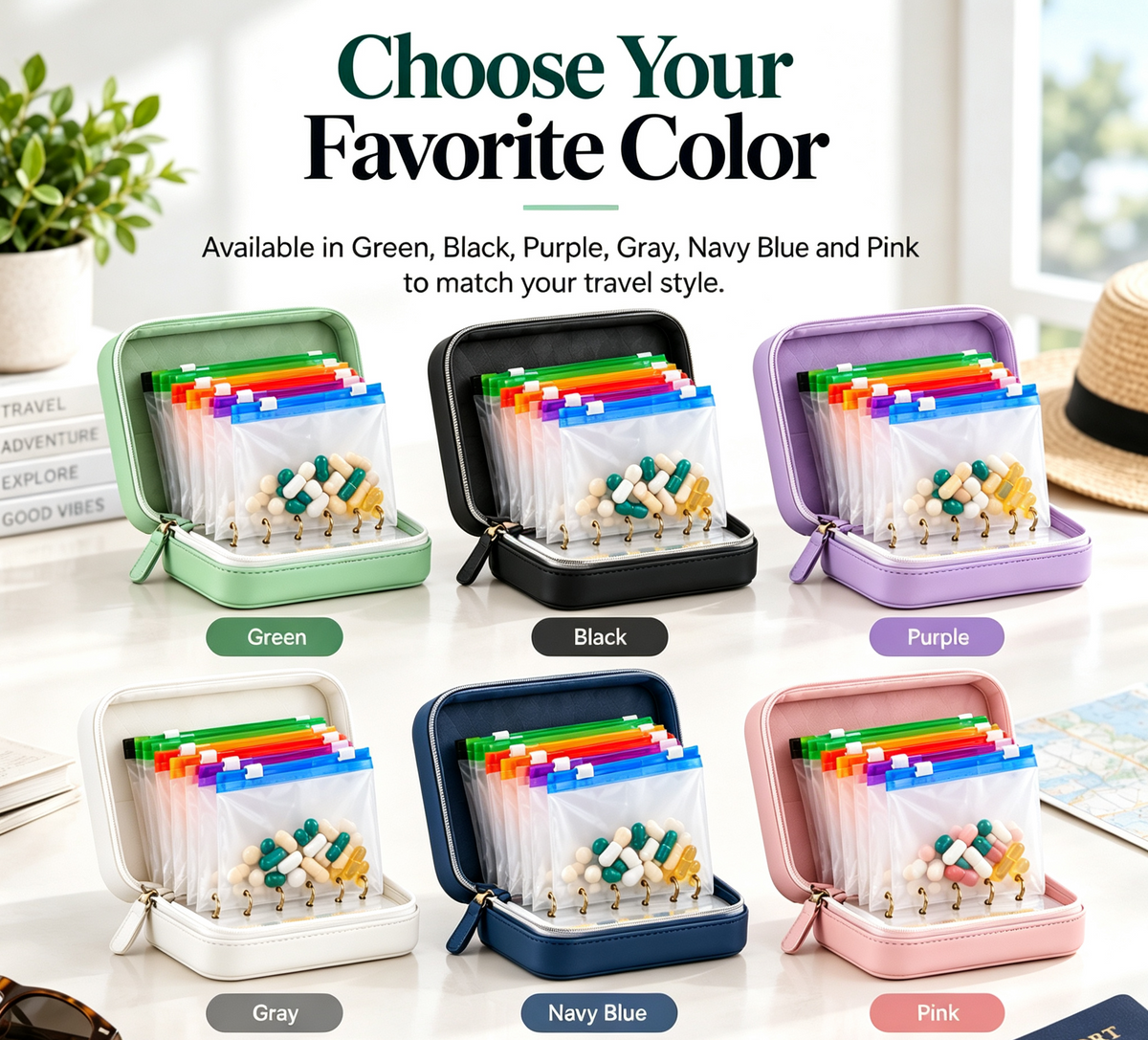 Travel Pill Organizer Case with 14 Reusable Color-Coded Pouches